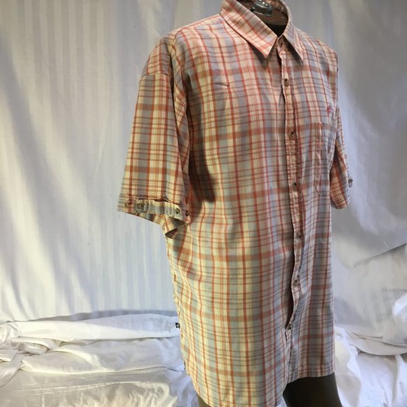 Exco Jeans Mens Vintage Orange Blue Plaid Button Down Shirt Short Sleeve Sz 2XL - Picture 7 of 16